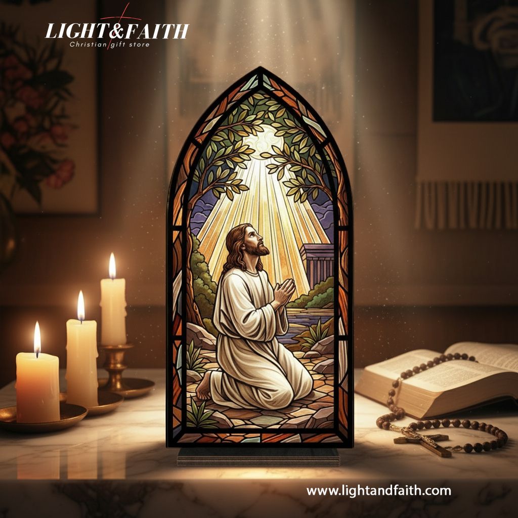 Jesus Praying in Gethsemane Book Nook, Stained Glass Style Acrylic Decor, Christian Gift, Religious Home Decoration BNLAF05